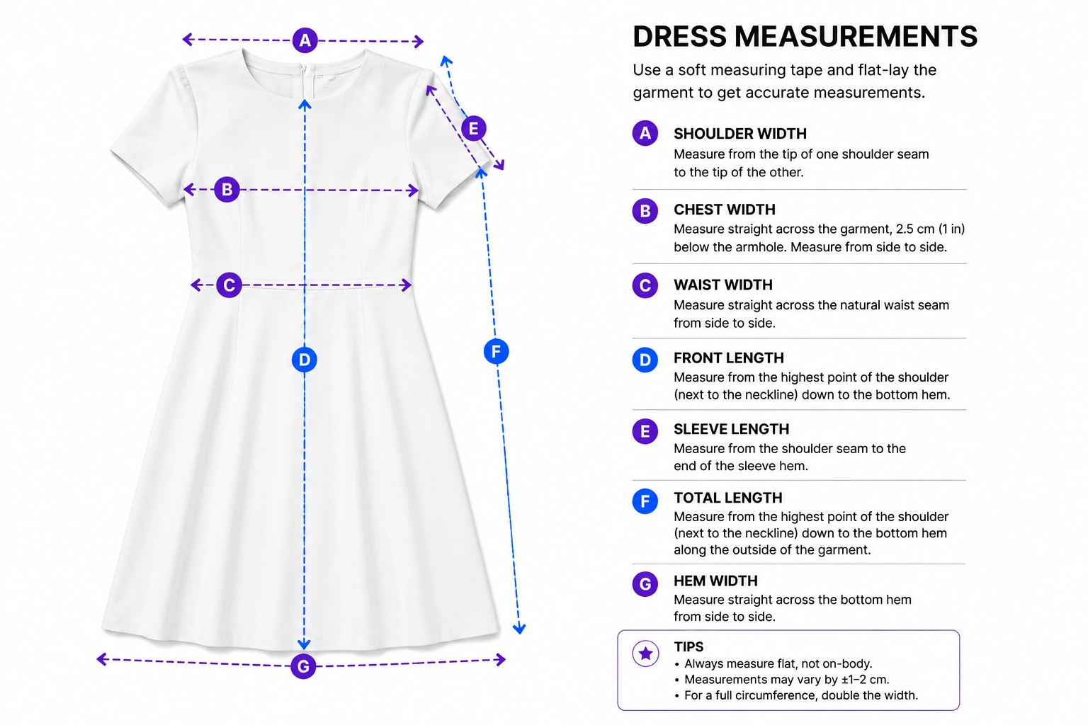 Dress with lettered measurement lines for shoulder, chest, waist, length, sleeve and hem width.