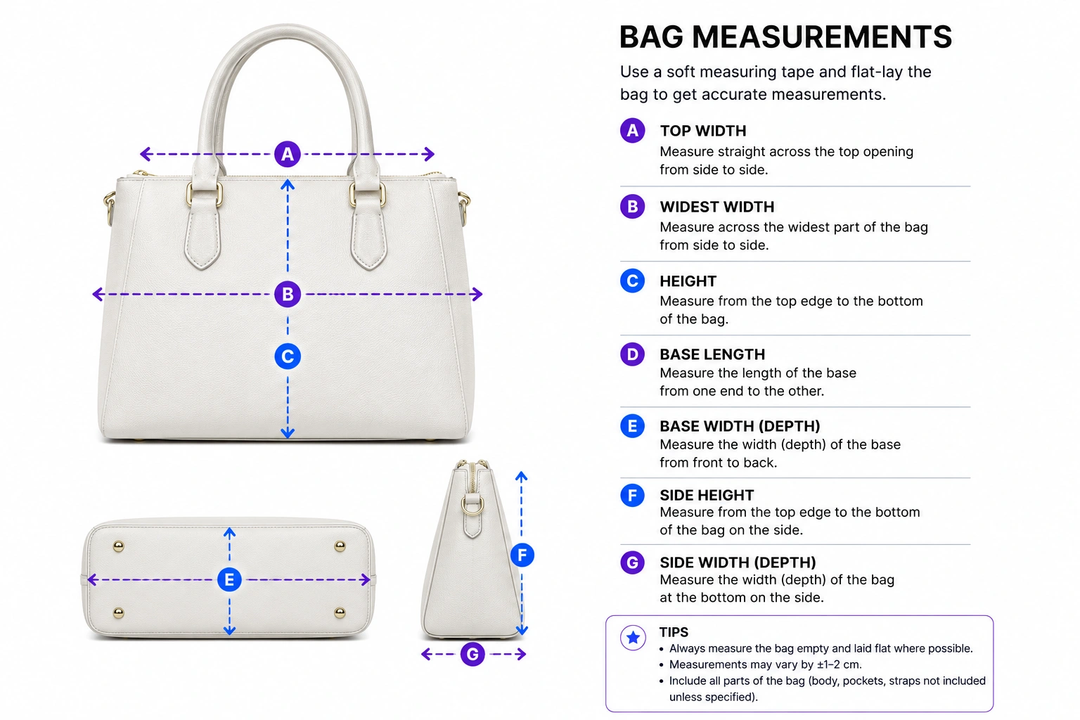Handbag with lettered measurement lines for top width, widest width, height, base measurements and side measurements.