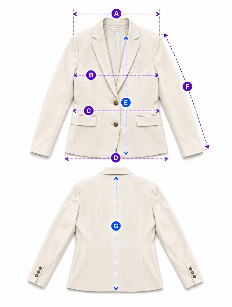 Blazer with lettered measurement lines for shoulder, chest, waist, hem, front length, sleeve length and back length.