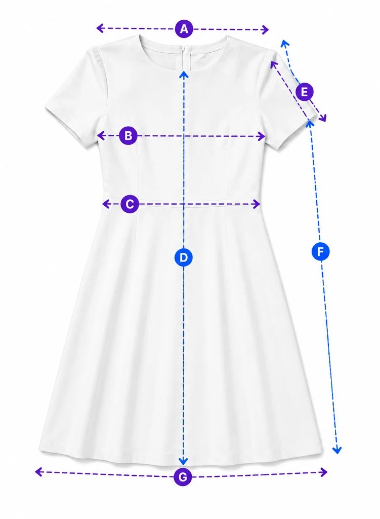 Dress with lettered measurement lines for shoulder, chest, waist, length, sleeve and hem width.