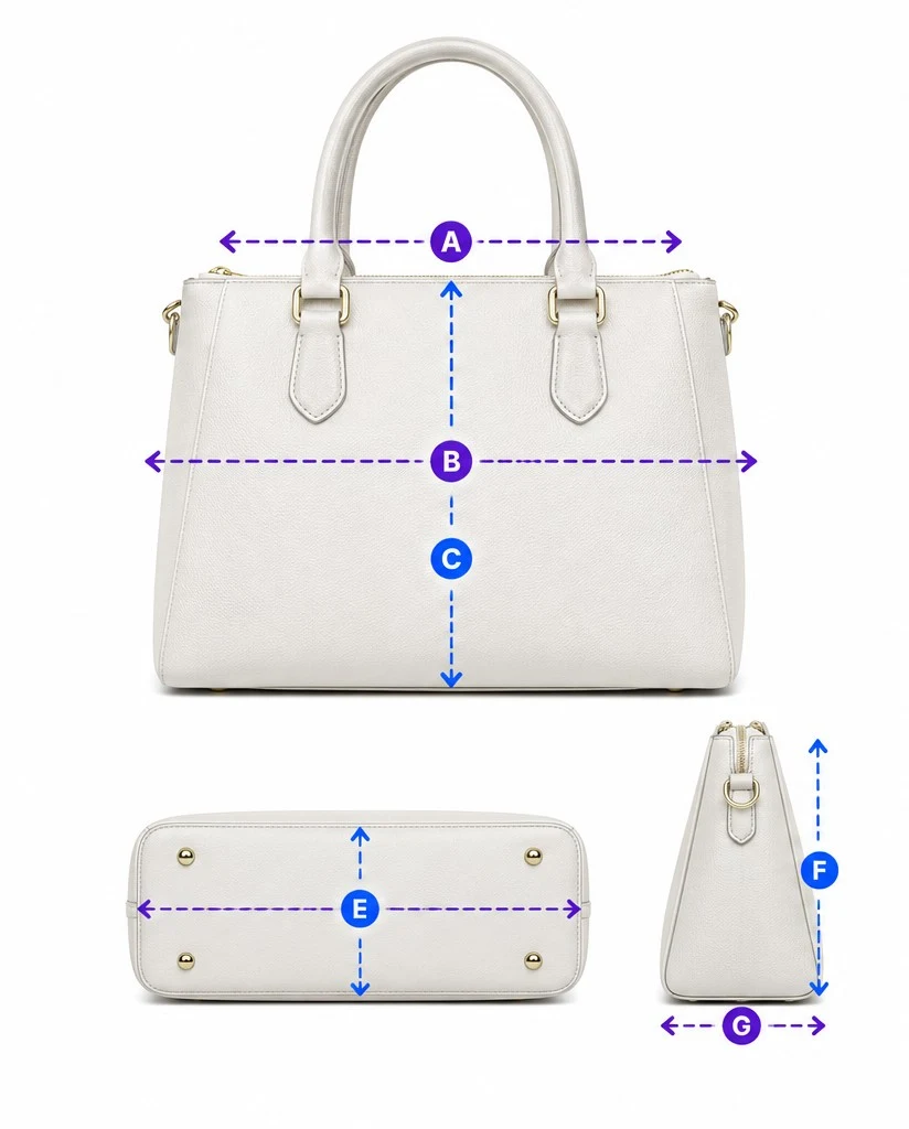Handbag with lettered measurement lines for top width, widest width, height, base measurements and side measurements.