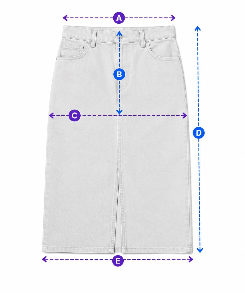Skirt with lettered measurement lines for waist width, front rise, hip width, total length and hem width.