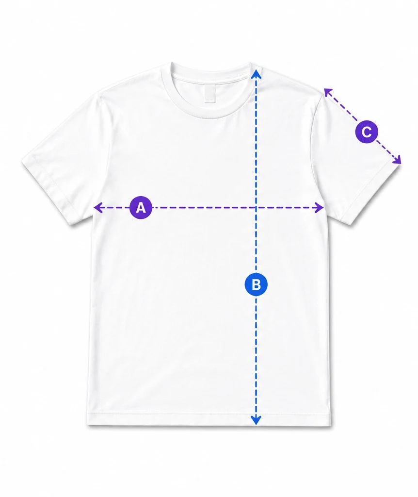 White T-shirt with lettered measurement lines for chest width, body length and sleeve length.