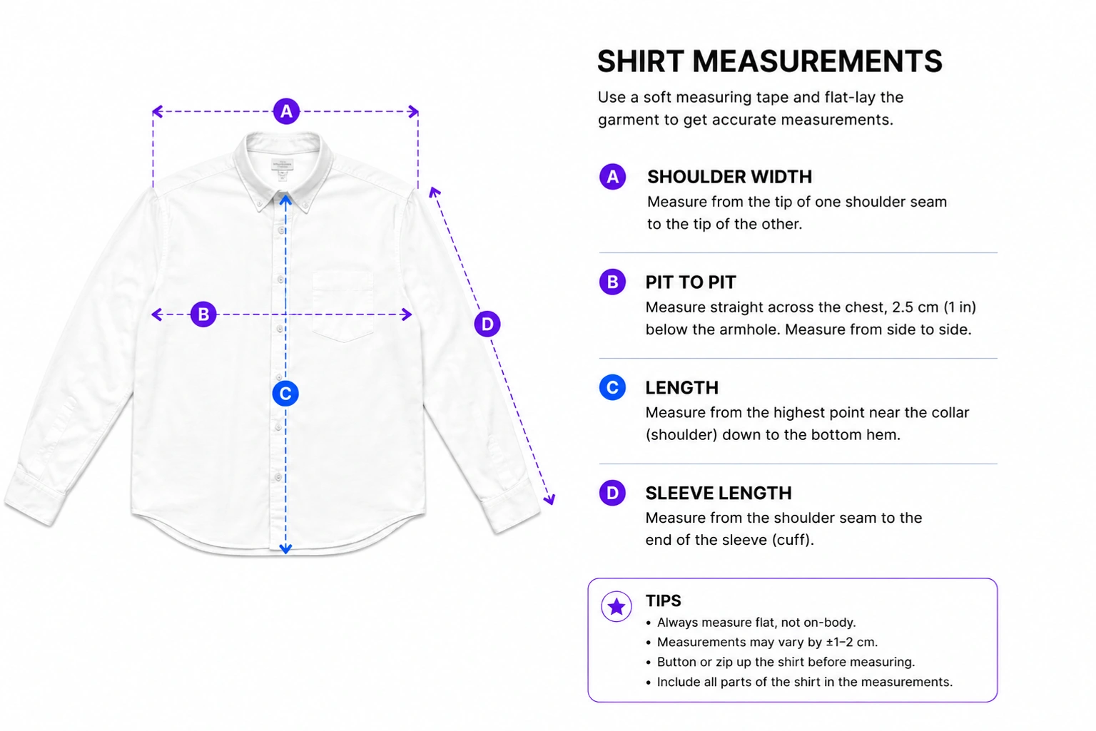 White button-up shirt with lettered measurement lines for shoulder width, pit to pit, length and sleeve length.