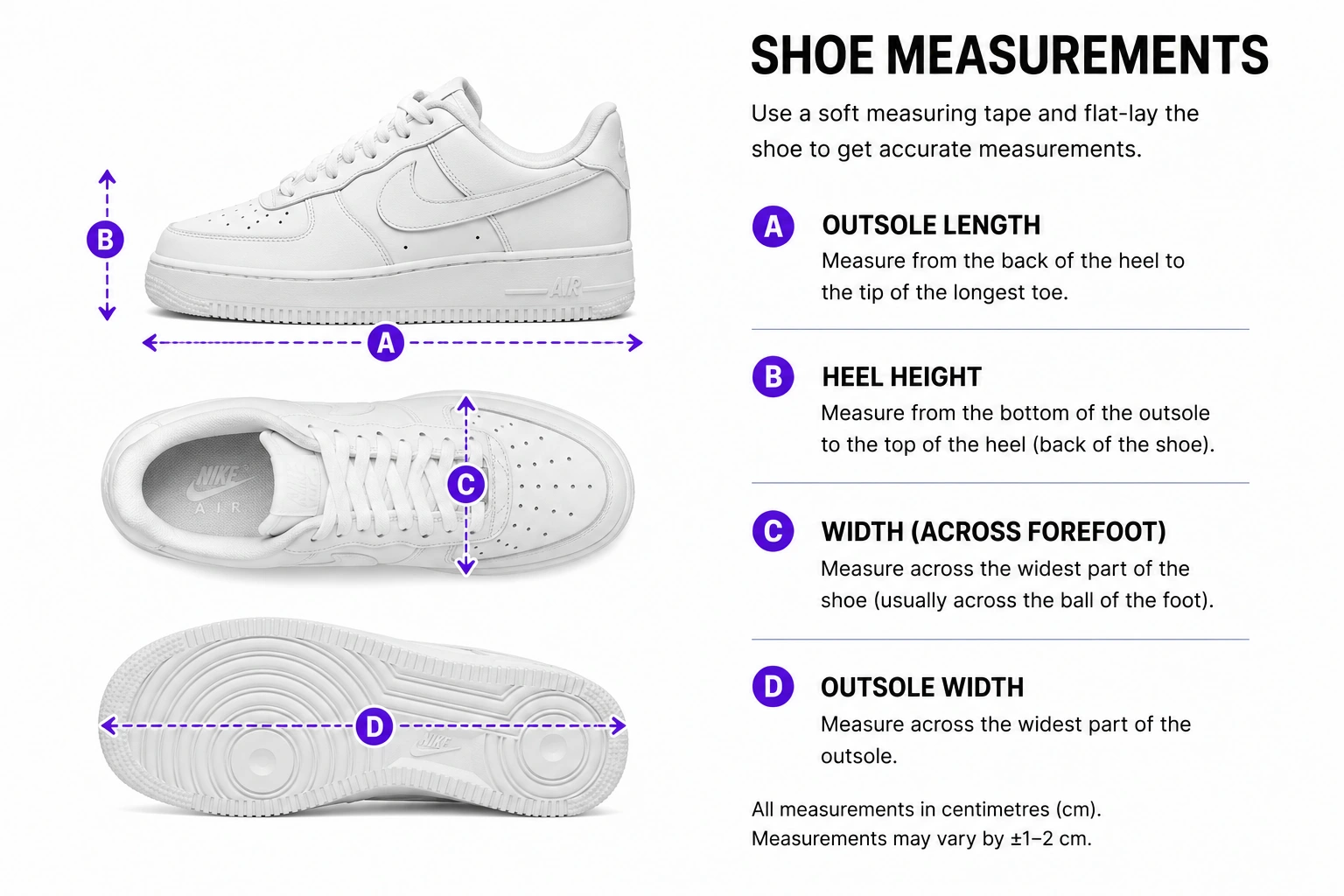 White sneaker with lettered measurement lines for outsole length, heel height, forefoot width and outsole width.