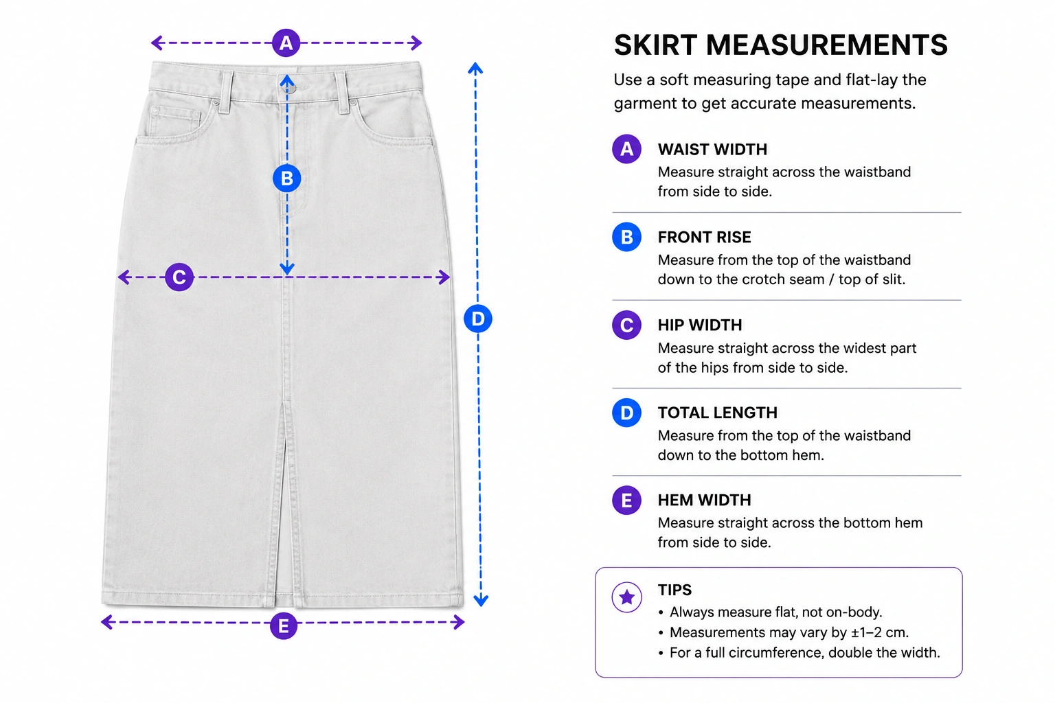 Skirt with lettered measurement lines for waist width, front rise, hip width, total length and hem width.