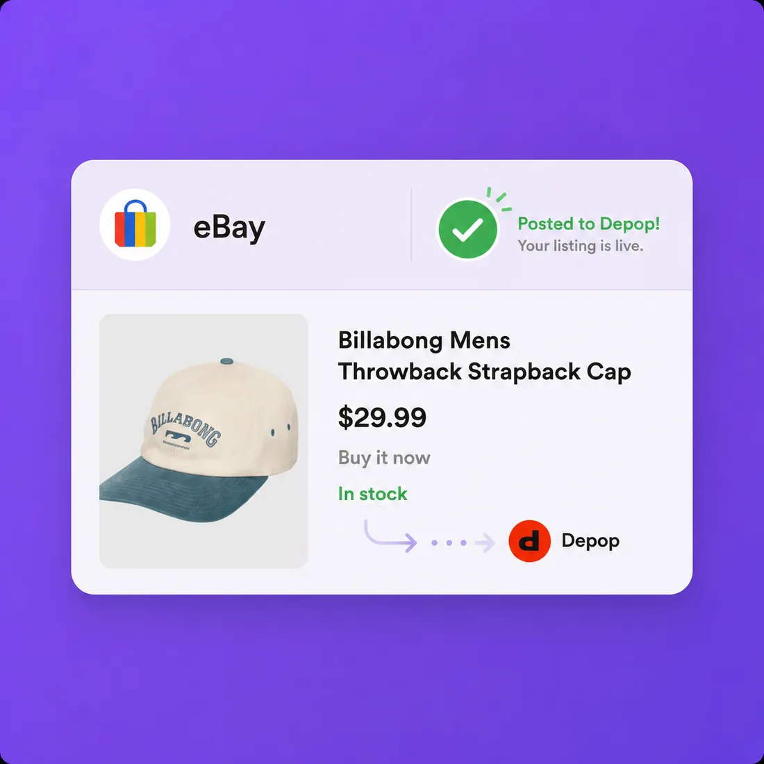 Listalong screen showing an eBay listing posted to Depop.