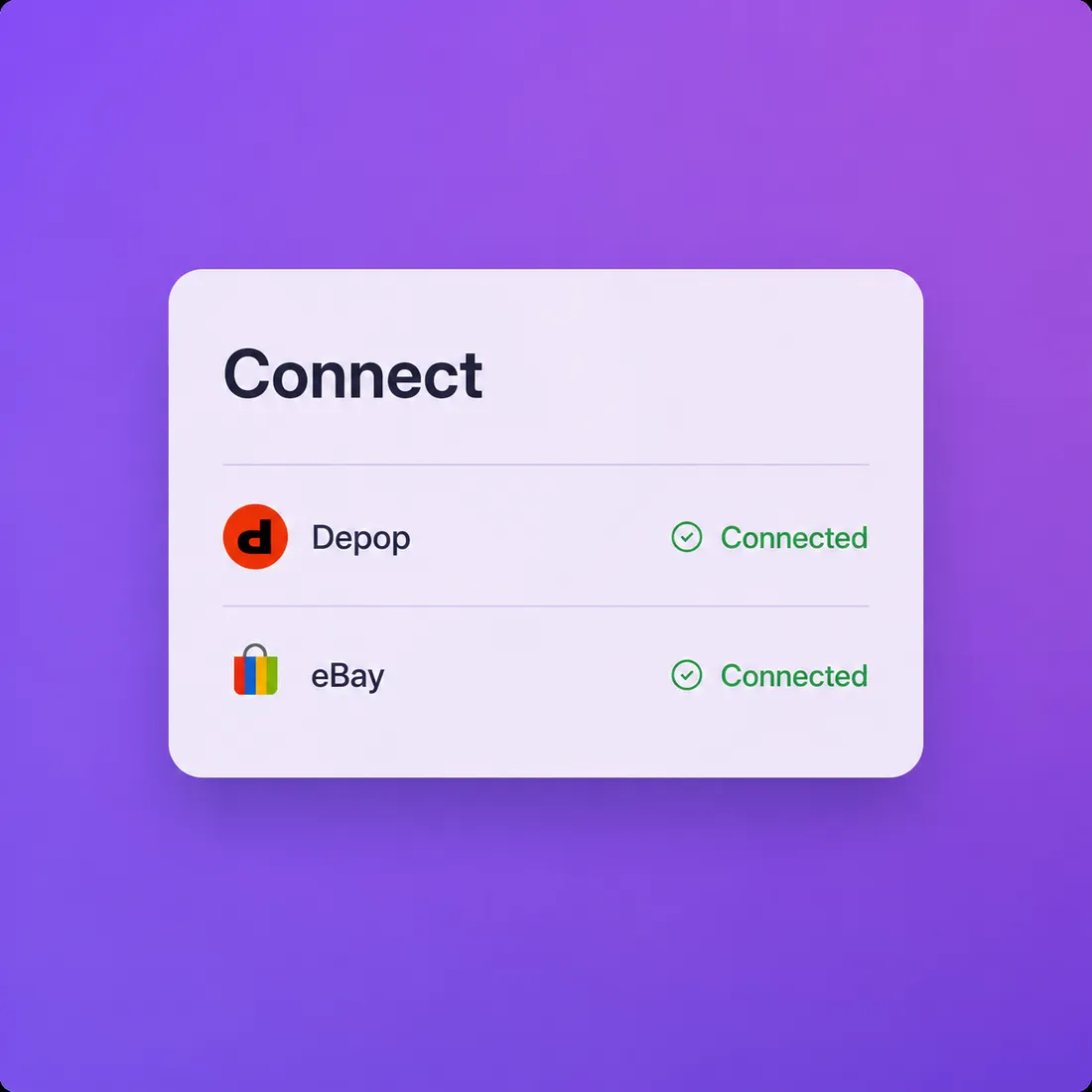 Listalong connect screen showing eBay and Depop linked together.