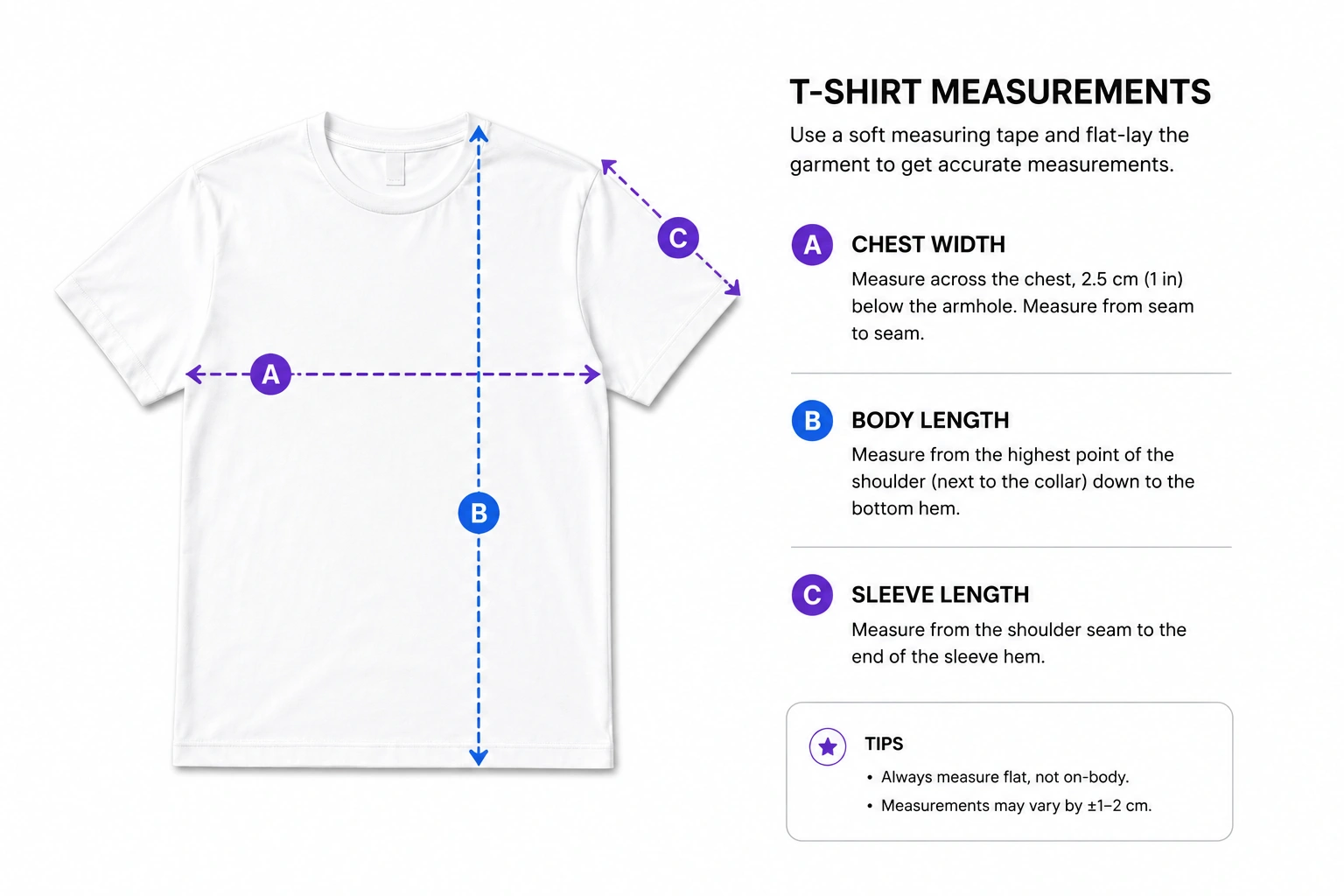 White T-shirt with lettered measurement lines for chest width, body length and sleeve length.