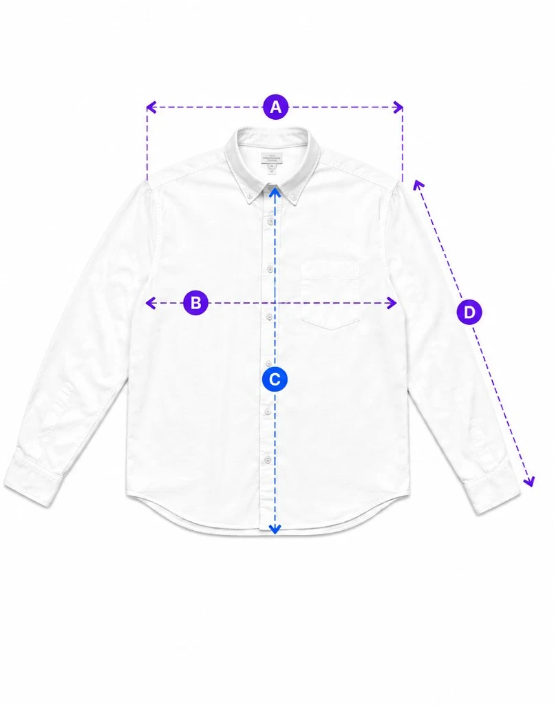 White button-up shirt with lettered measurement lines for shoulder width, pit to pit, length and sleeve length.