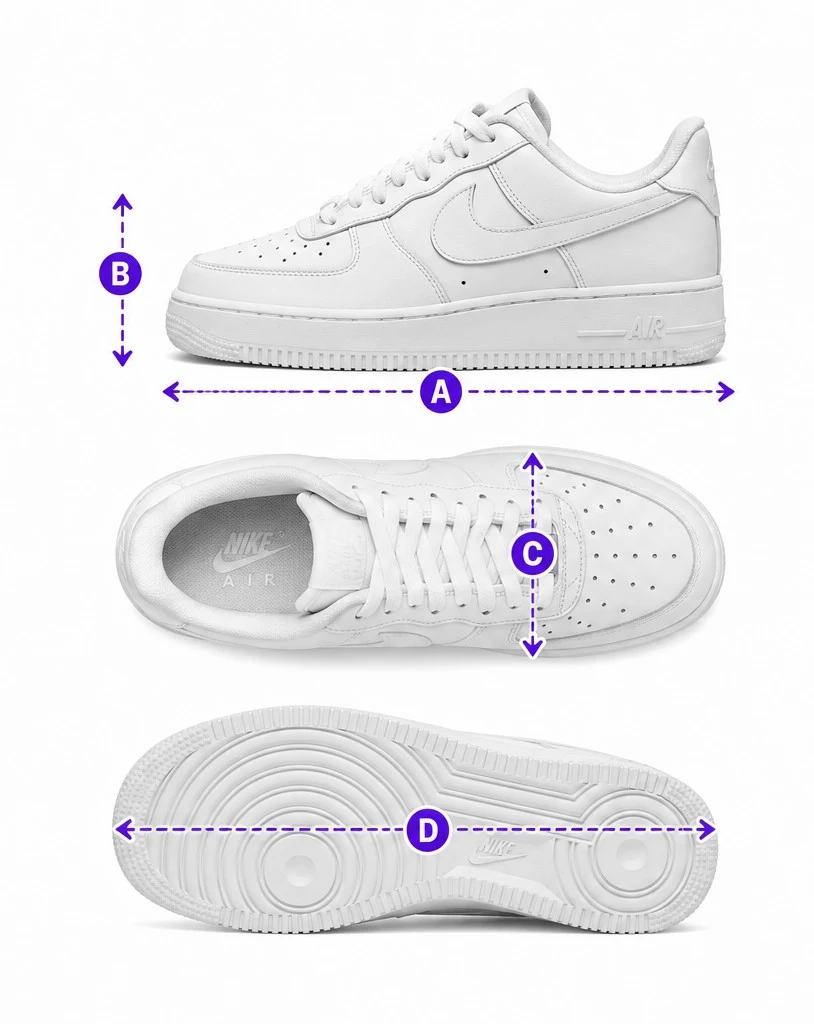 White sneaker with lettered measurement lines for outsole length, heel height, forefoot width and outsole width.