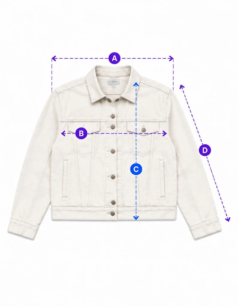 Jacket with lettered measurement lines for shoulder width, pit to pit, length and sleeve length.
