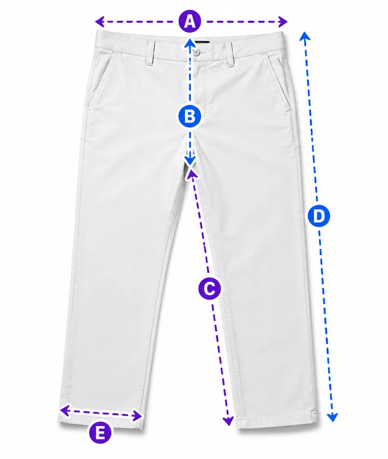 Pair of pants with lettered measurement lines for waist, rise, inseam, total length and leg opening.