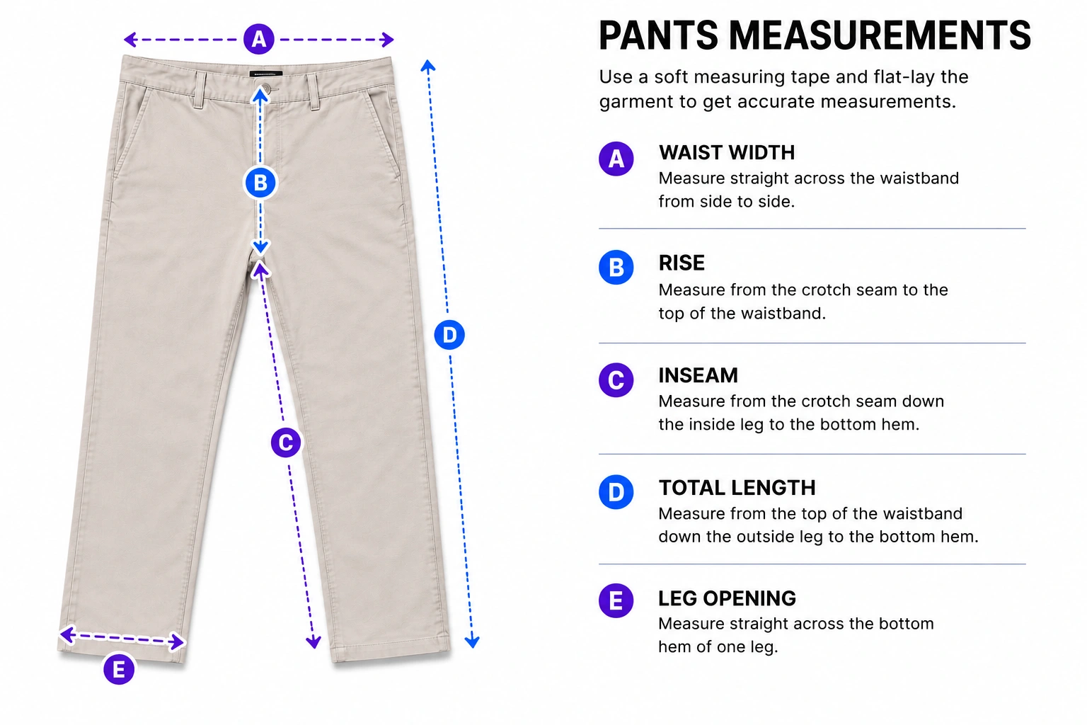 Pair of pants with lettered measurement lines for waist, rise, inseam, total length and leg opening.