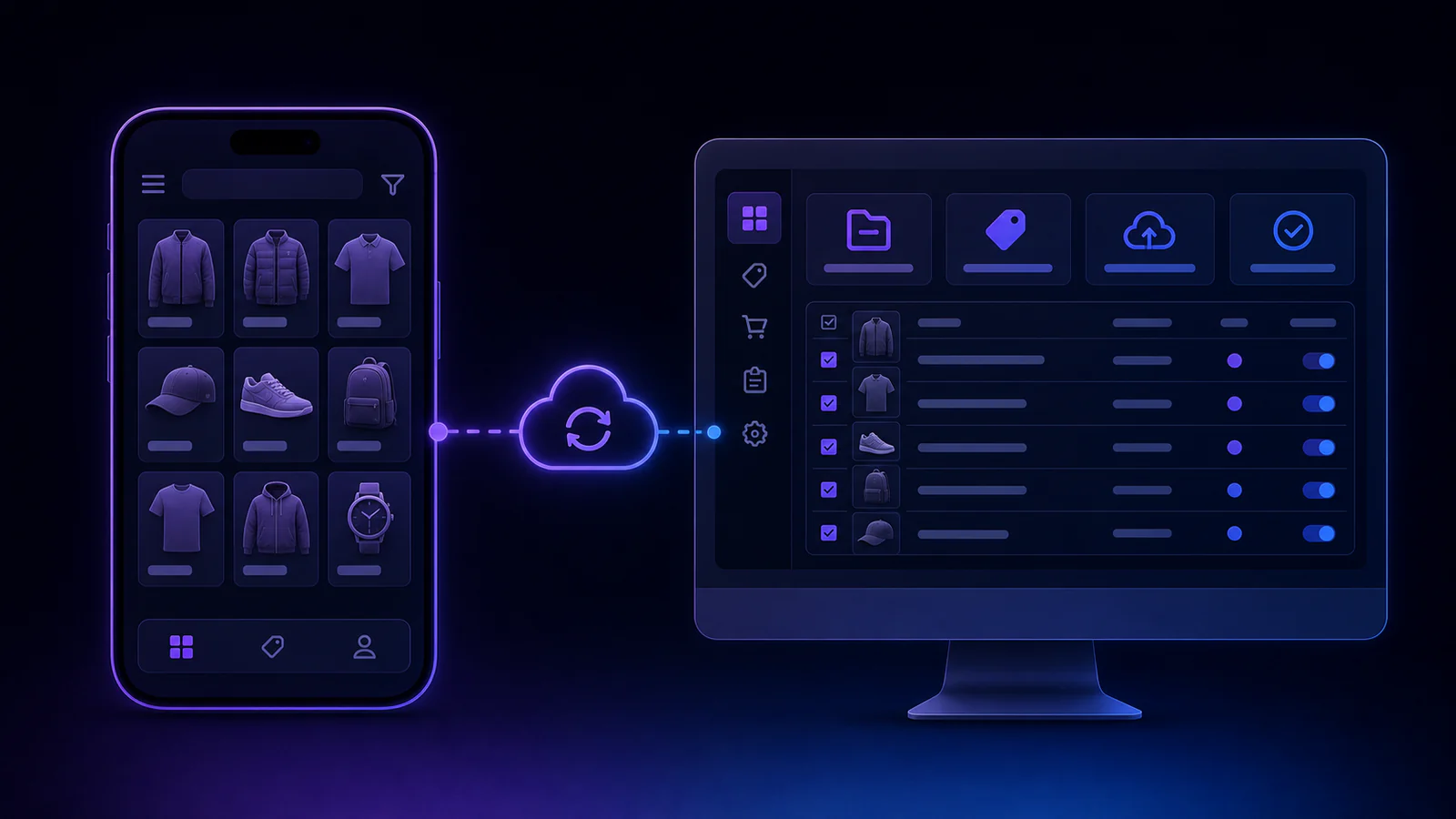 Mobile and desktop cross-listing workflow with product cards syncing between devices.