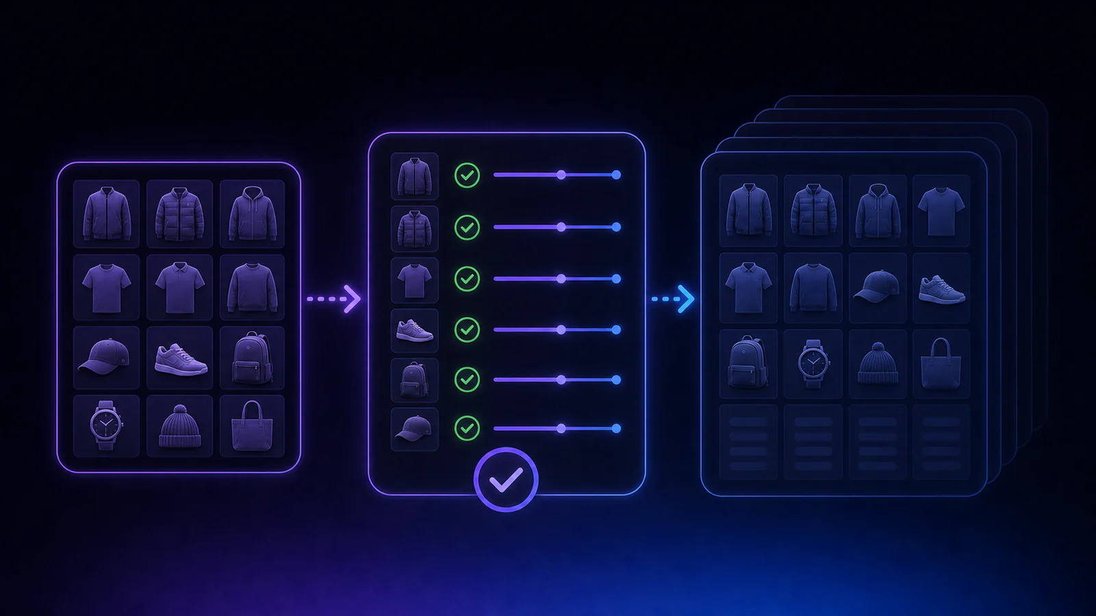 Small batch testing graphic showing a handful of inventory cards being reviewed before importing a larger store.