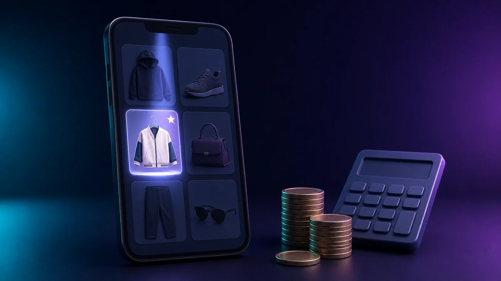 A fashion resale listing highlighted on a phone beside a calculator and coins, representing paid Depop promotion.