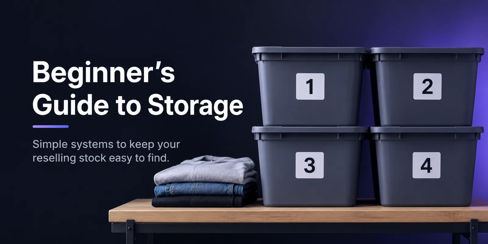 Numbered storage tubs on a shelf for reseller stock.
