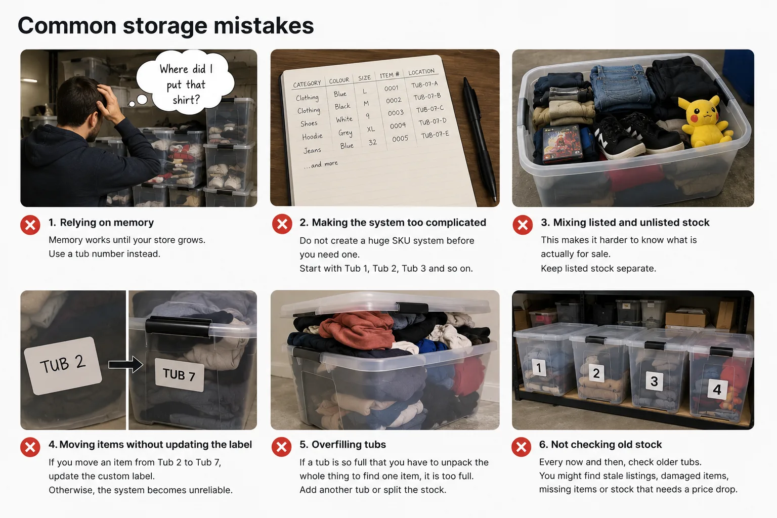 Six common reseller storage mistakes including relying on memory, overcomplicating the system and mixing stock stages.