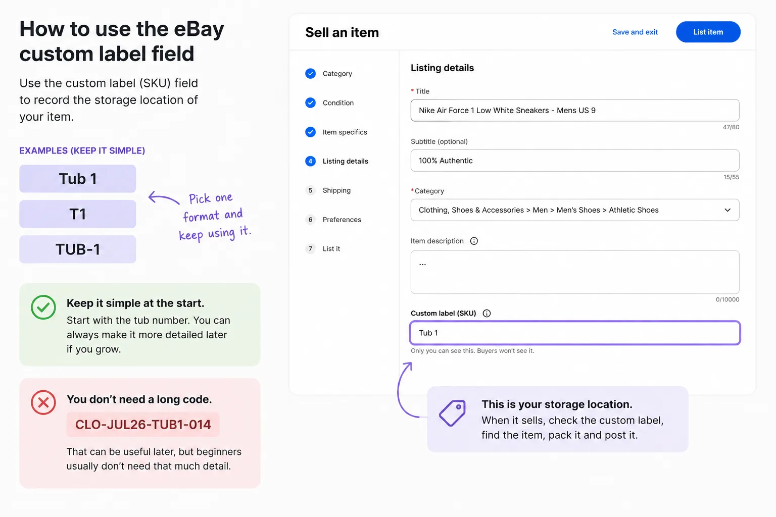 Example of using the eBay custom label field to record a tub storage location.