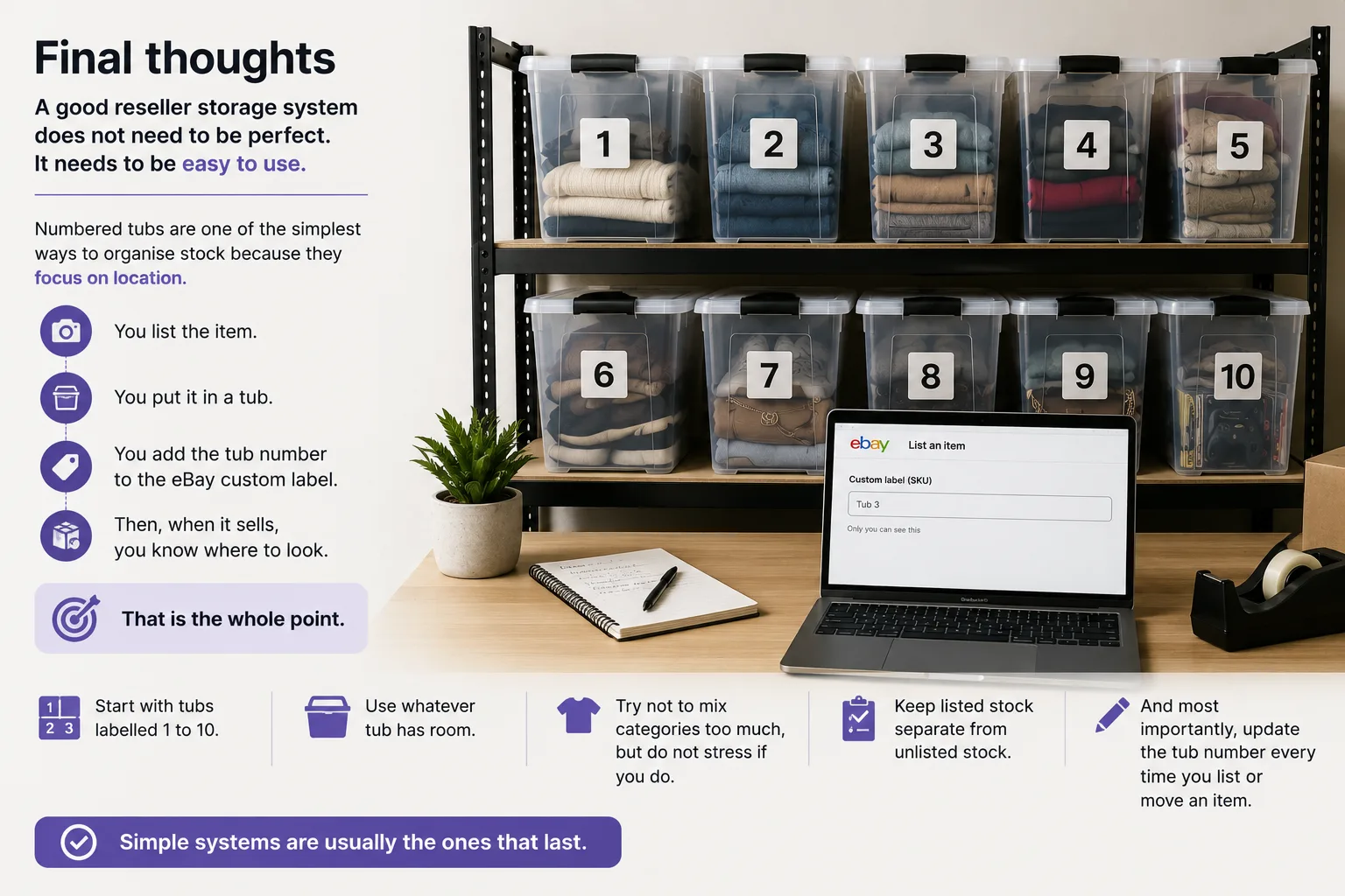 Final summary of a simple numbered tub storage system for resellers.