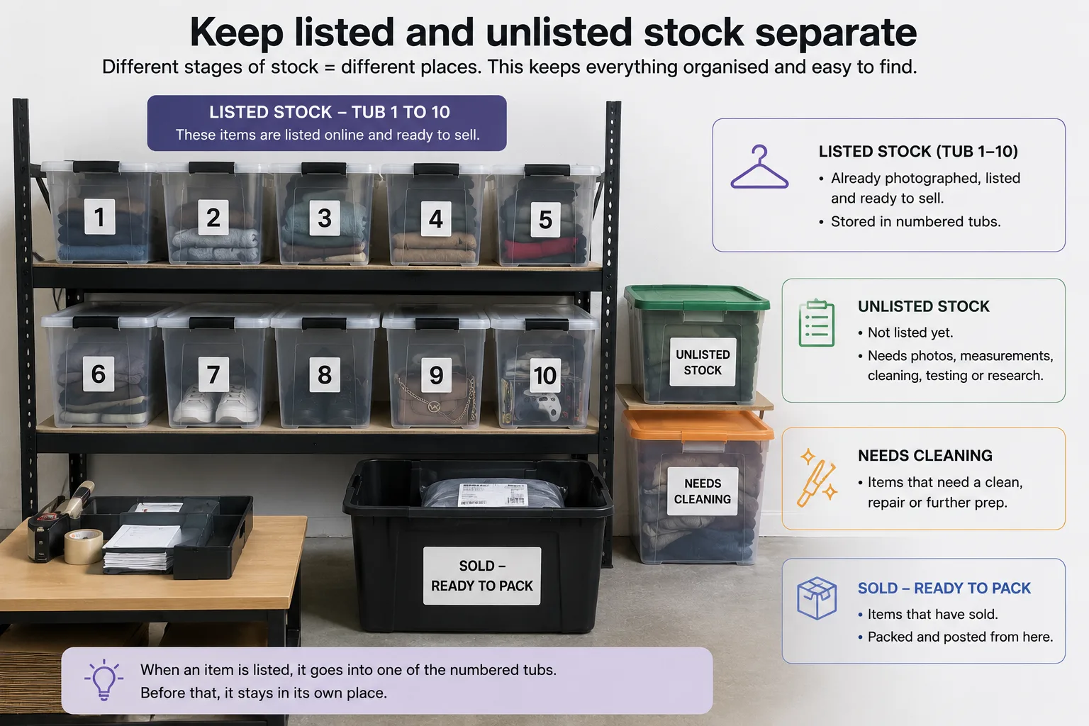 Storage layout showing listed stock kept separate from unlisted stock, cleaning stock and sold items.