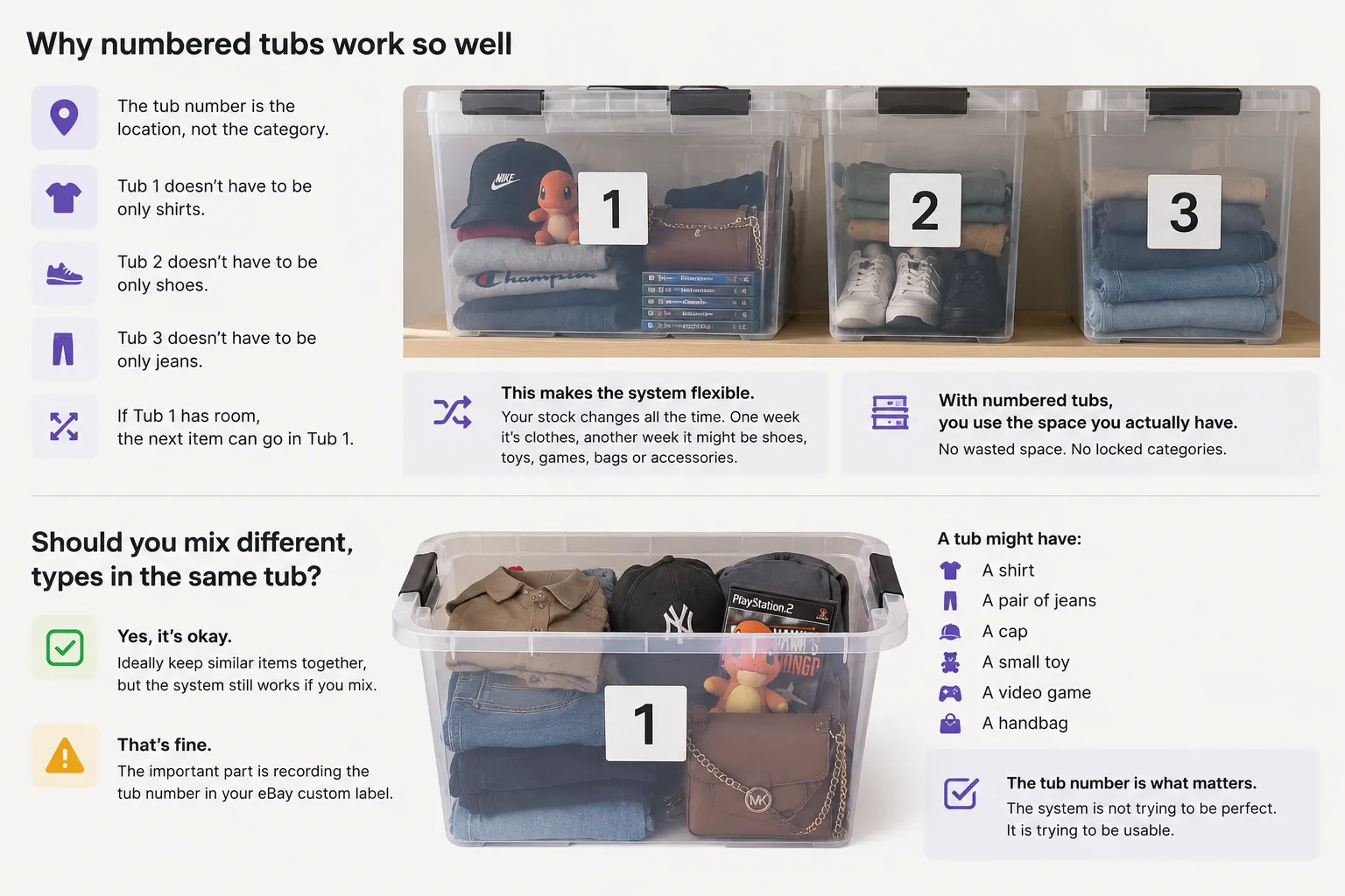 Graphic explaining why numbered tubs work as flexible storage locations rather than fixed categories.