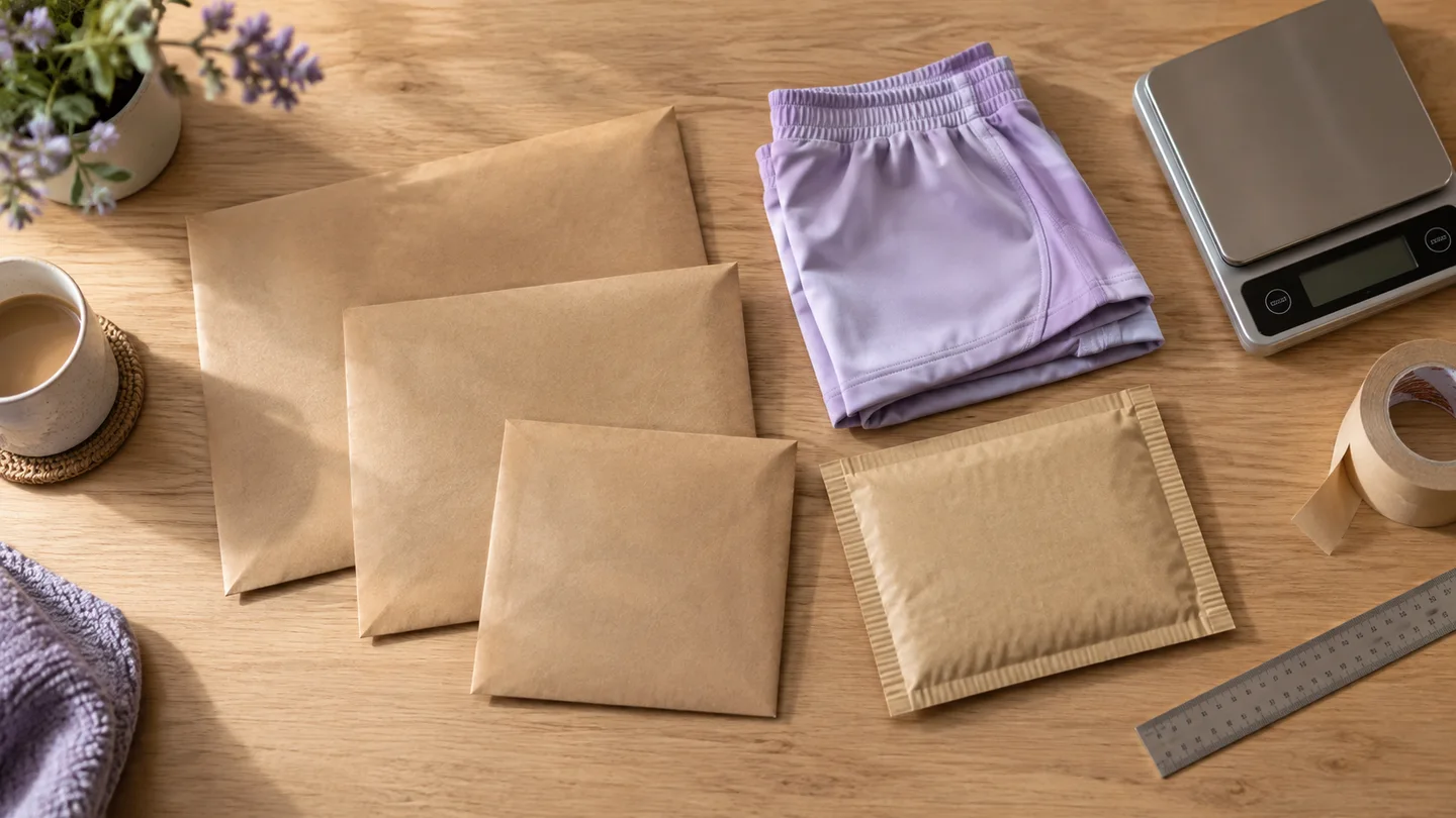 Mailing envelopes, postal scales and folded clothing on a reseller's packing desk.
