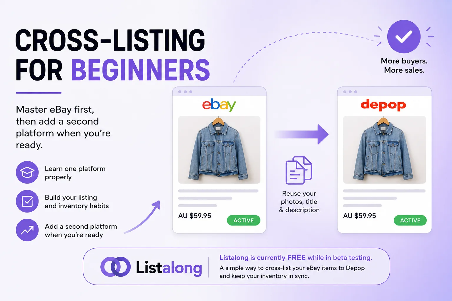 A beginner guide showing an eBay listing being reused for Depop cross-listing.