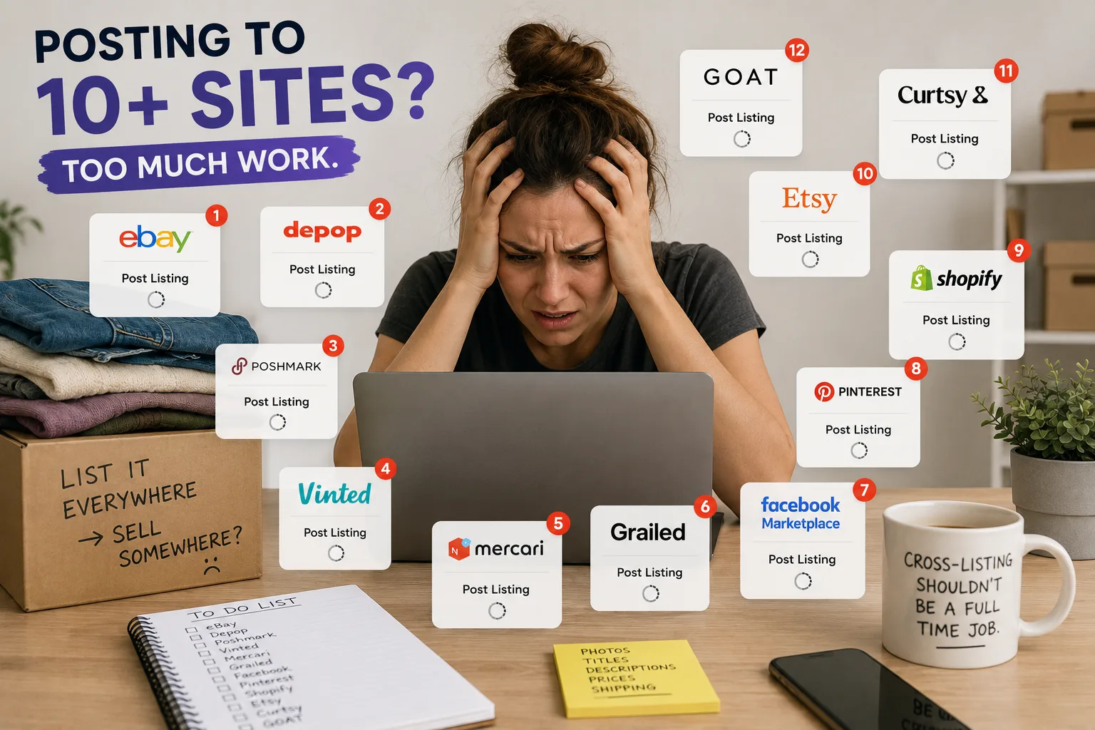 A reseller overwhelmed by posting listings to too many marketplaces at once.