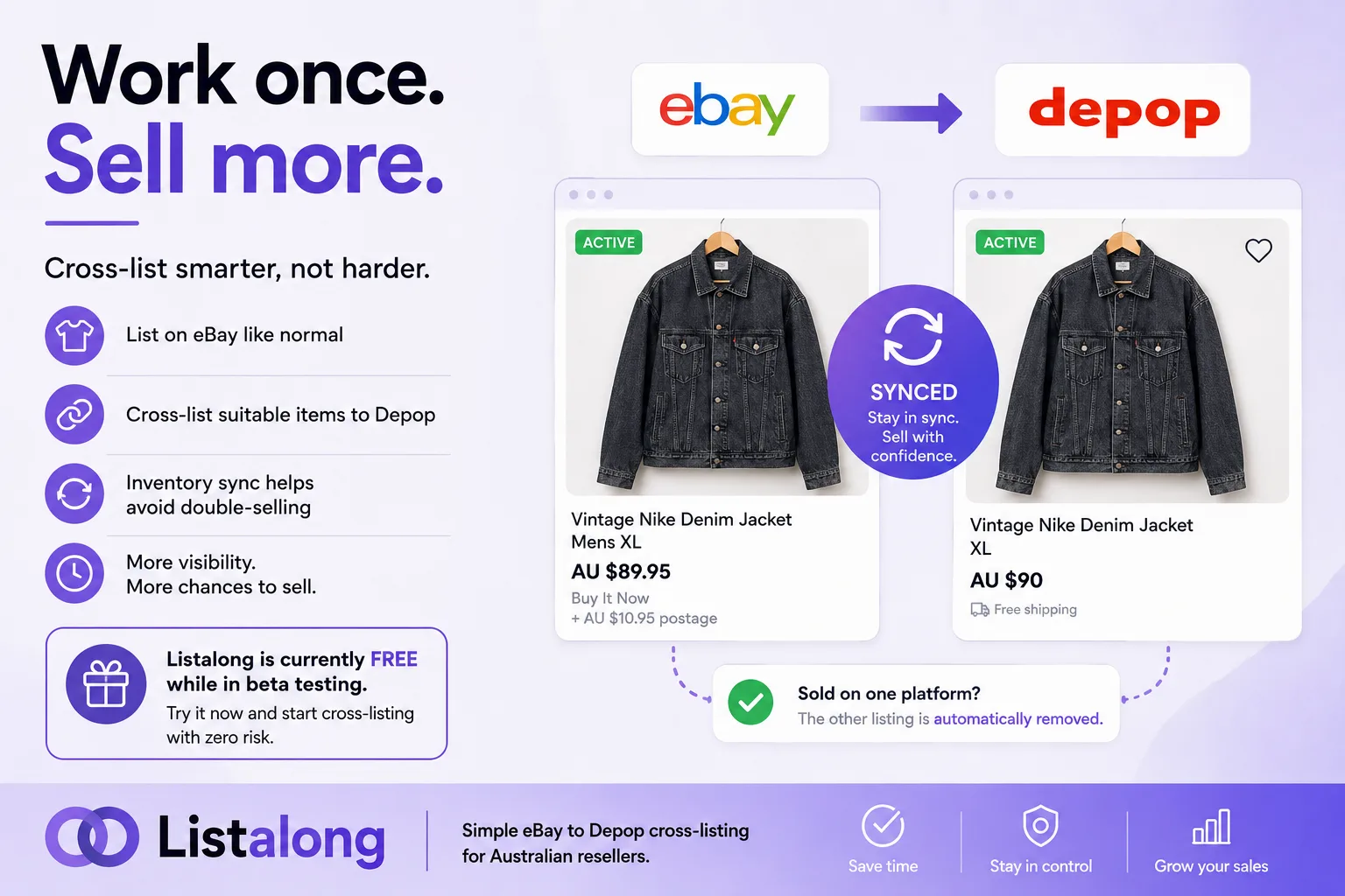 Listalong eBay to Depop cross-listing workflow showing synced listings.