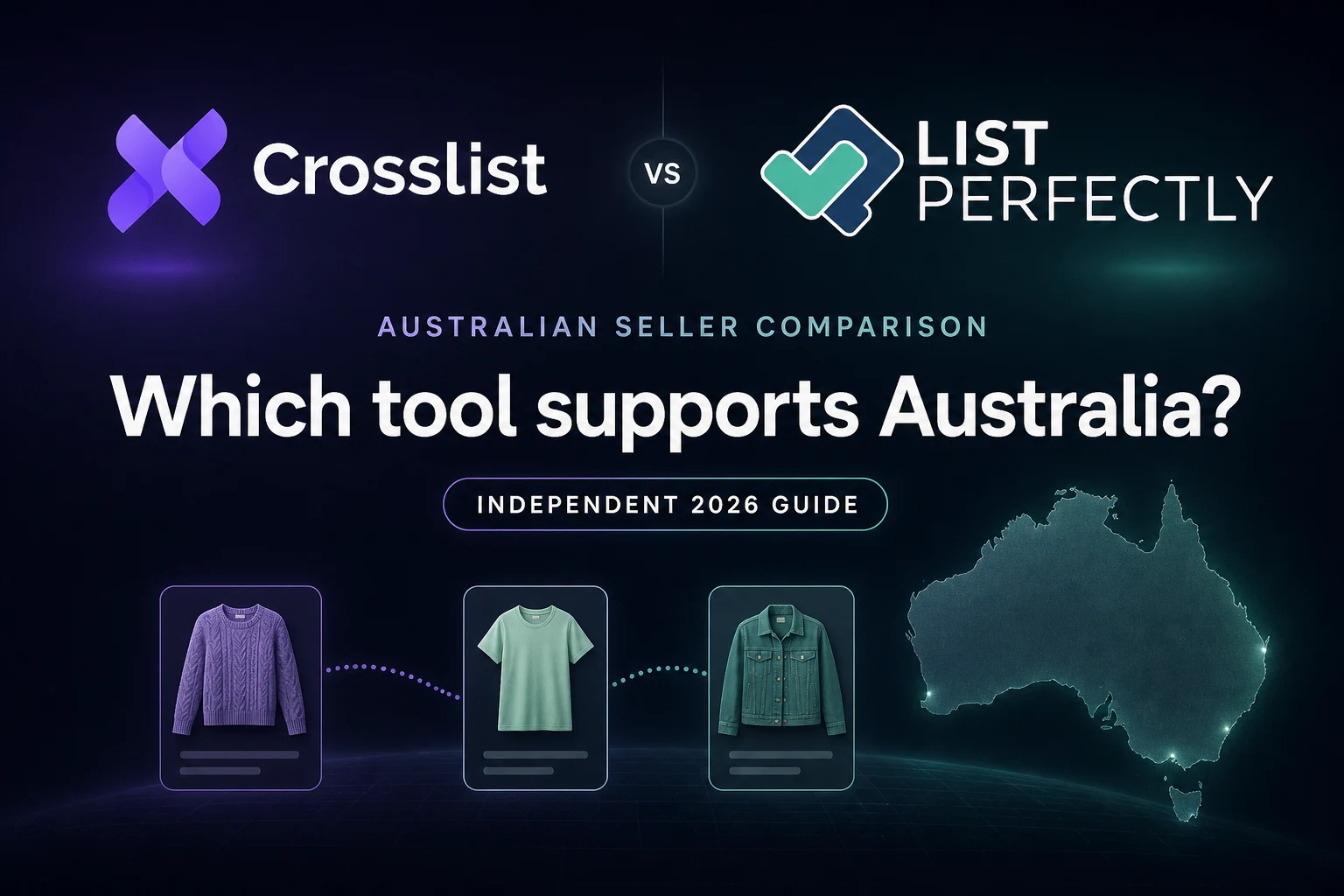 Crosslist and List Perfectly compared for Australian online resellers, with an Australia map and clothing listing cards.