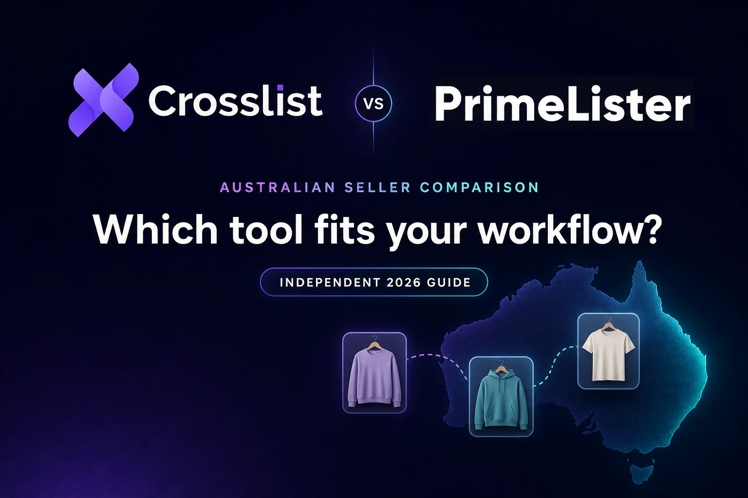 Crosslist versus PrimeLister comparison for Australian resellers with an Australia map and clothing listing cards.