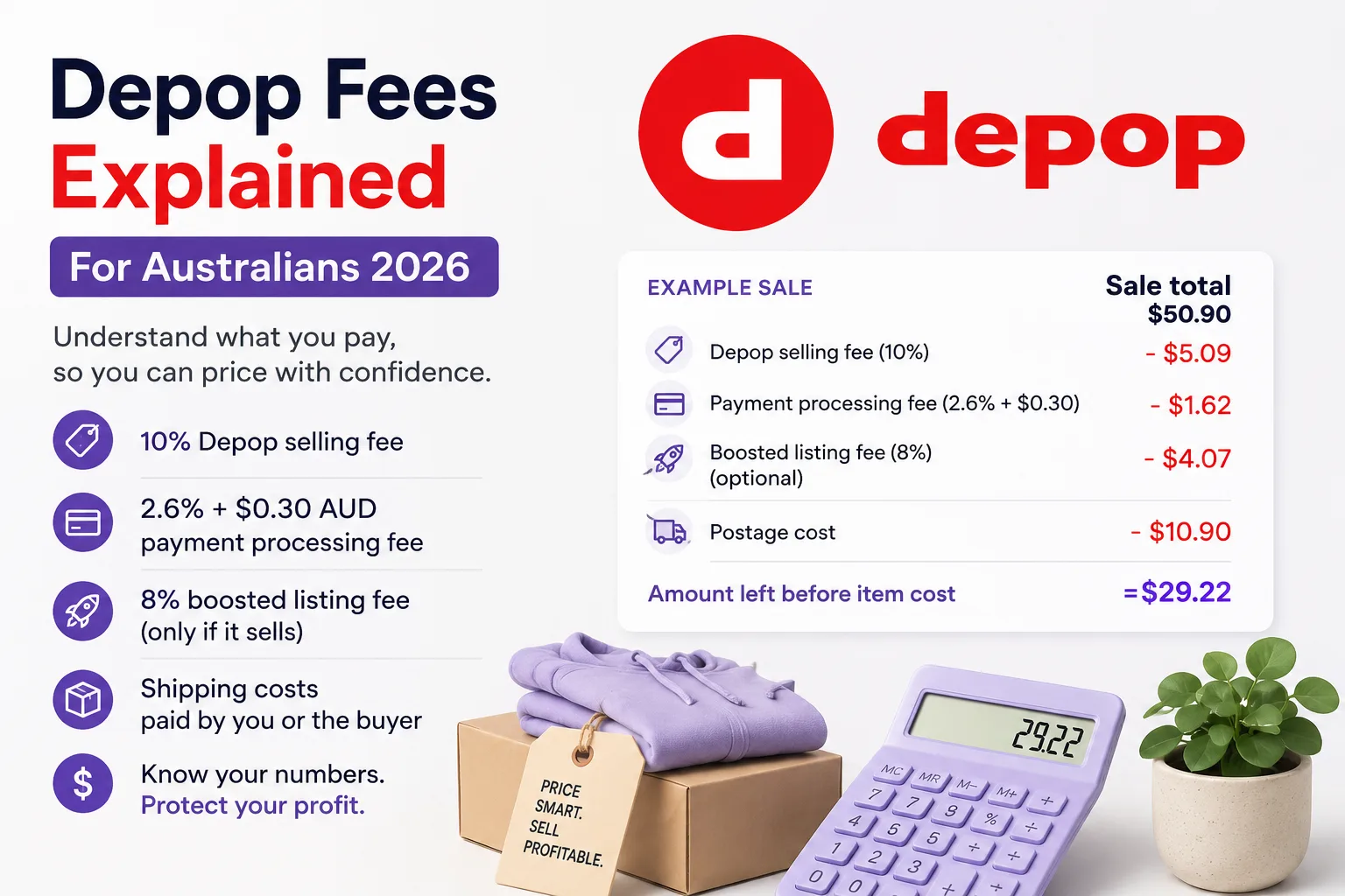 Depop fees example sale for Australian sellers showing how fees, postage and boosting affect profit.