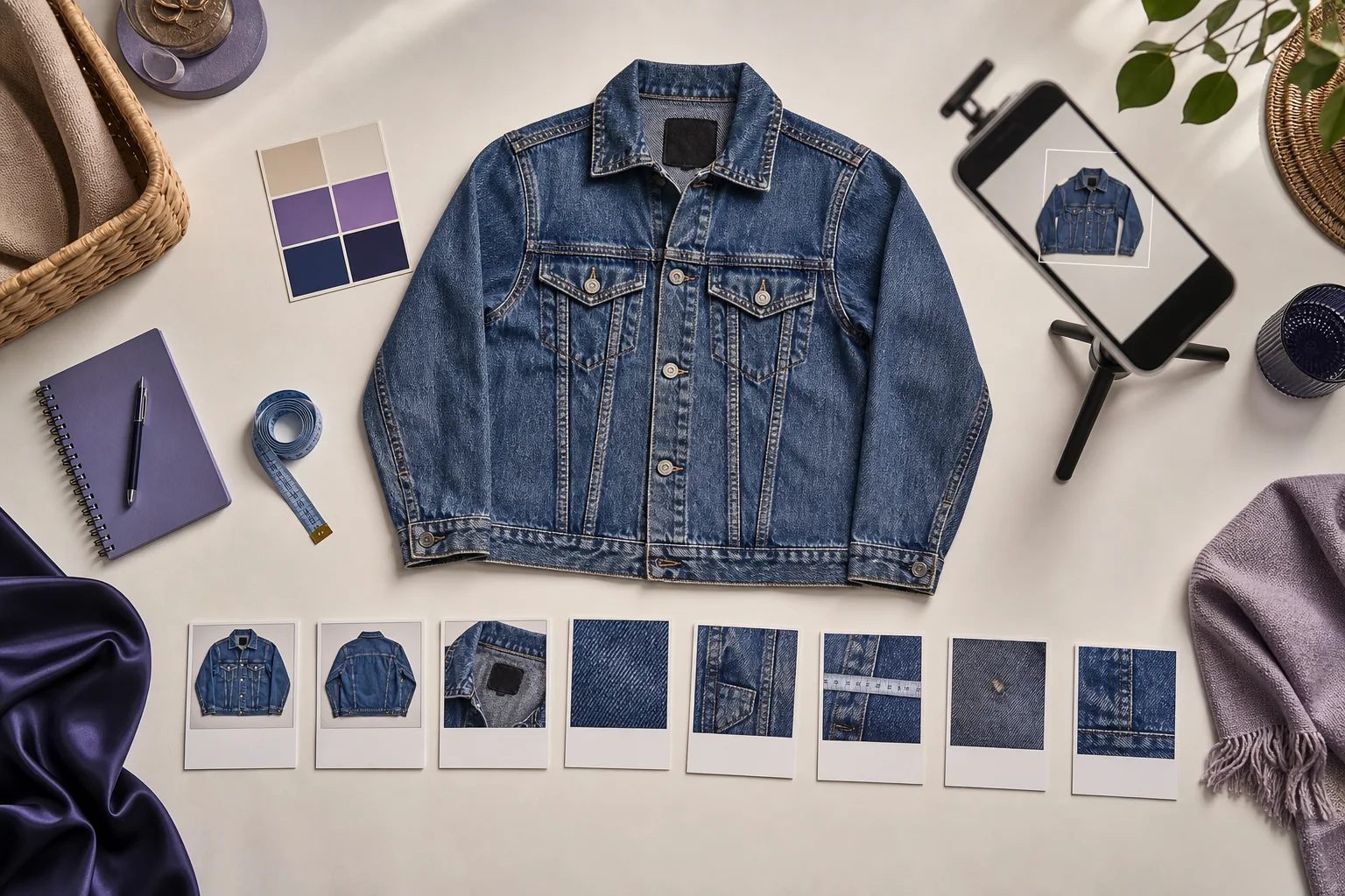 A denim jacket in a home photography setup with eight detail photos arranged below it.
