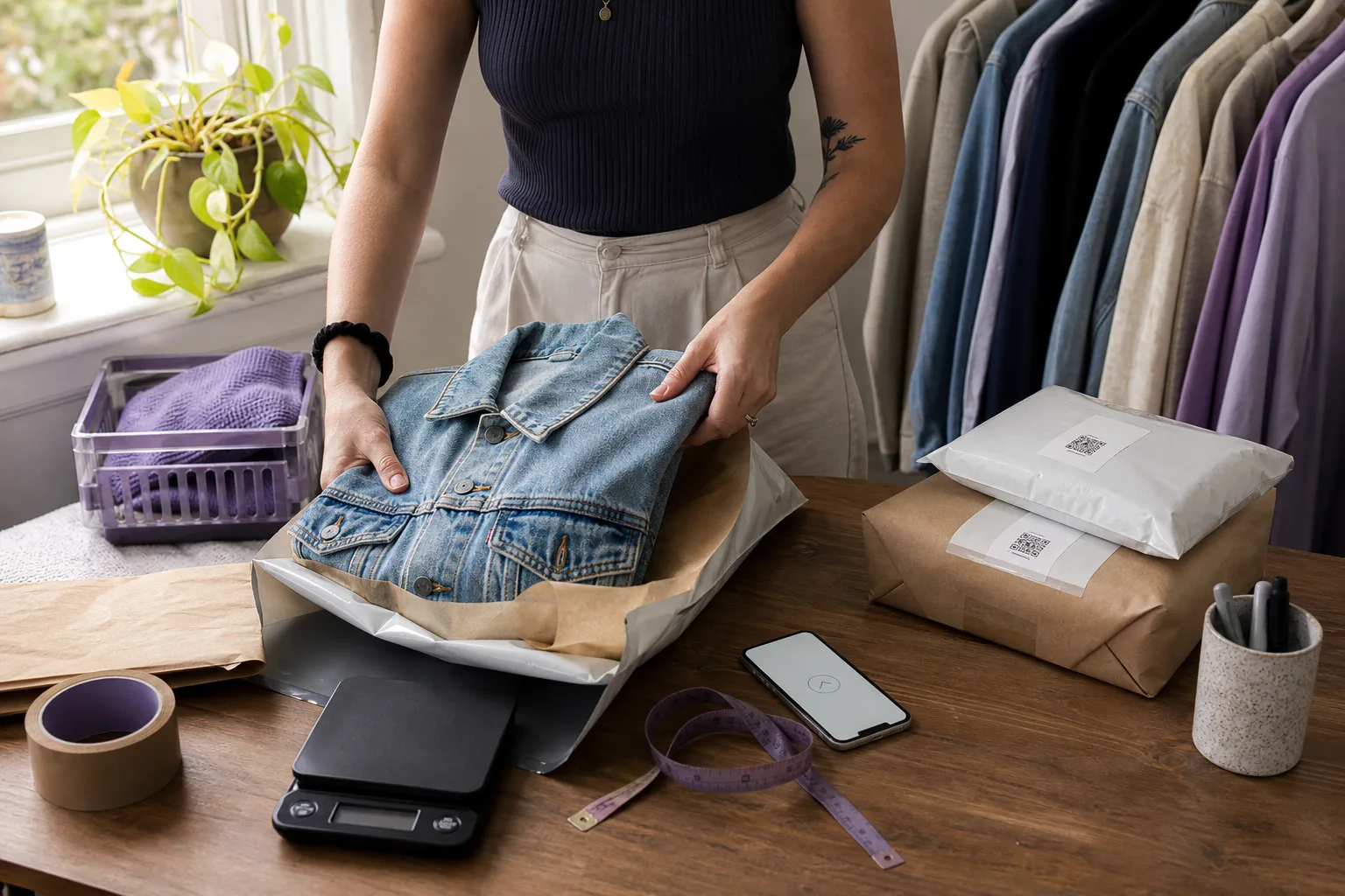 An Australian fashion reseller packing a denim jacket for tracked delivery after a Depop sale.
