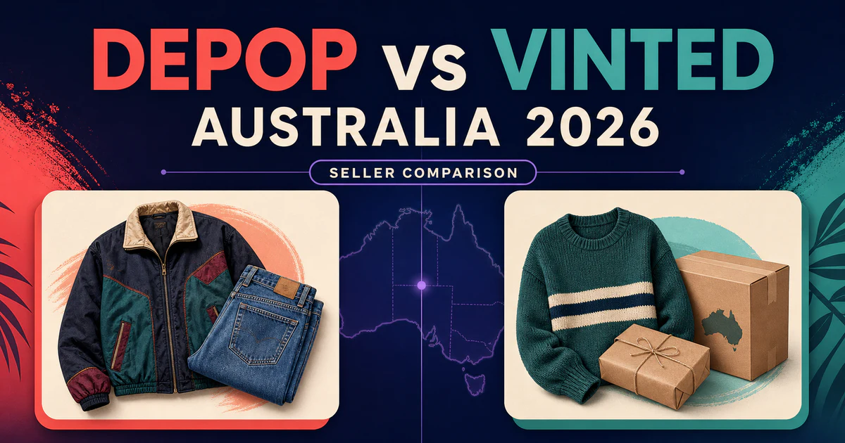 Depop versus Vinted Australia seller comparison for 2026, illustrated with clothing listings, a parcel and an Australian map.