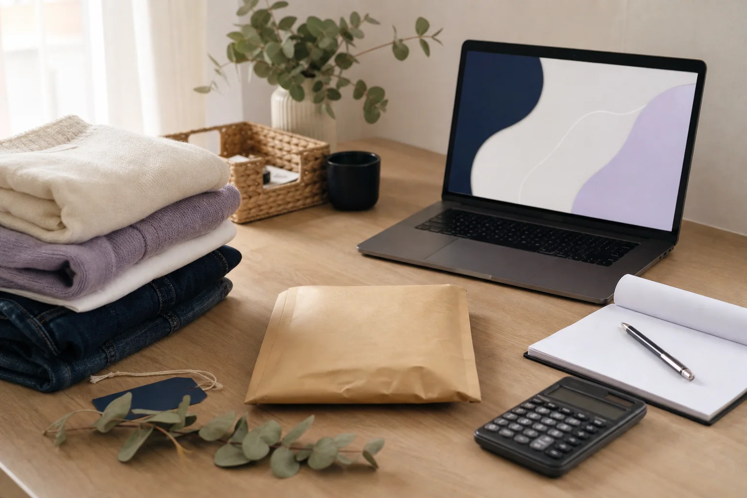 A home reseller desk with second-hand clothing, a parcel, calculator, notebook and laptop.