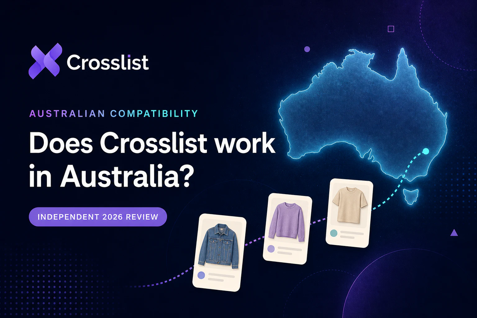 Crosslist Australia review with an Australia map and three clothing listing cards.