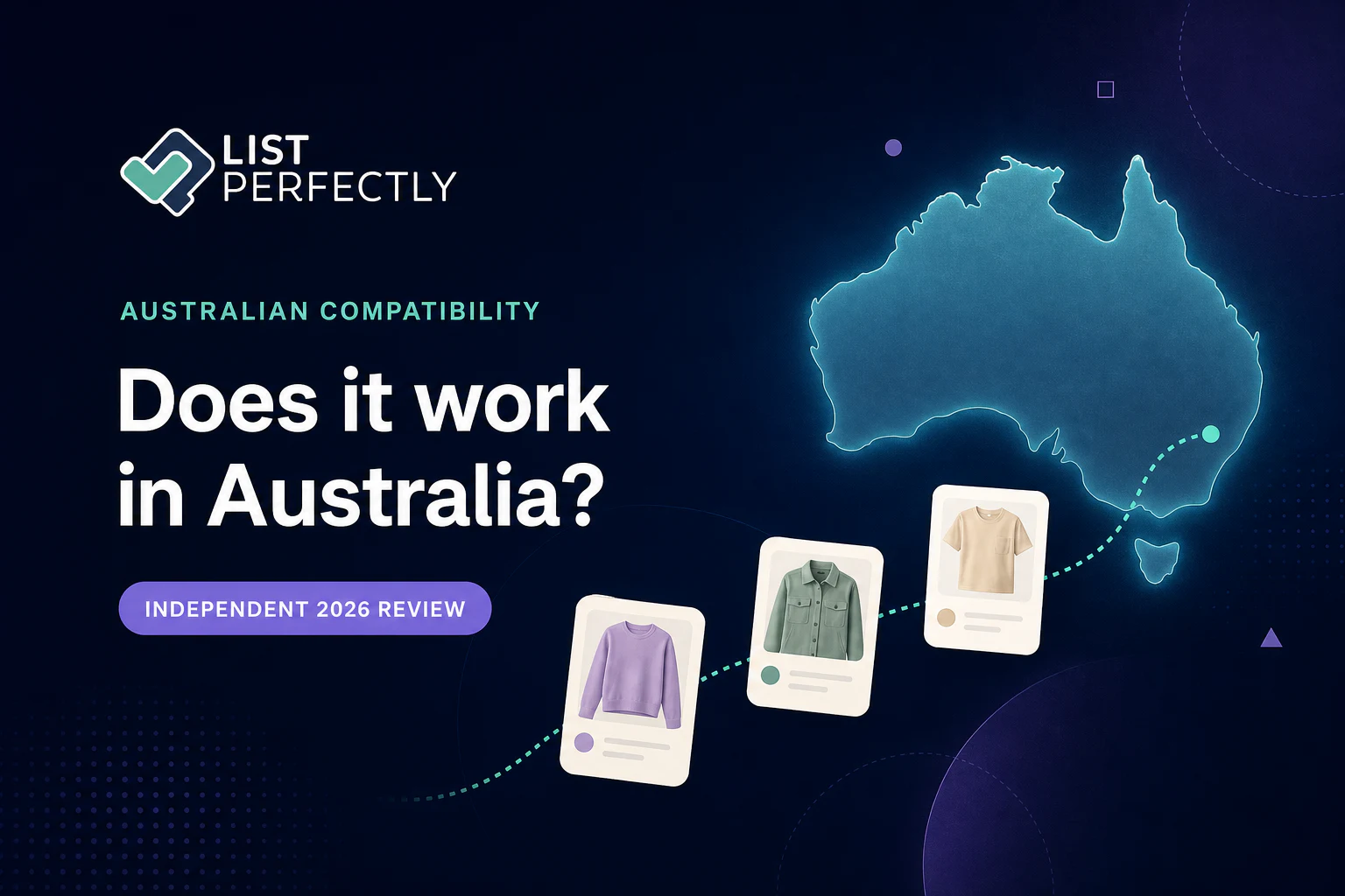 List Perfectly logo and the question Does it work in Australia, with an Australia map and clothing listing cards.