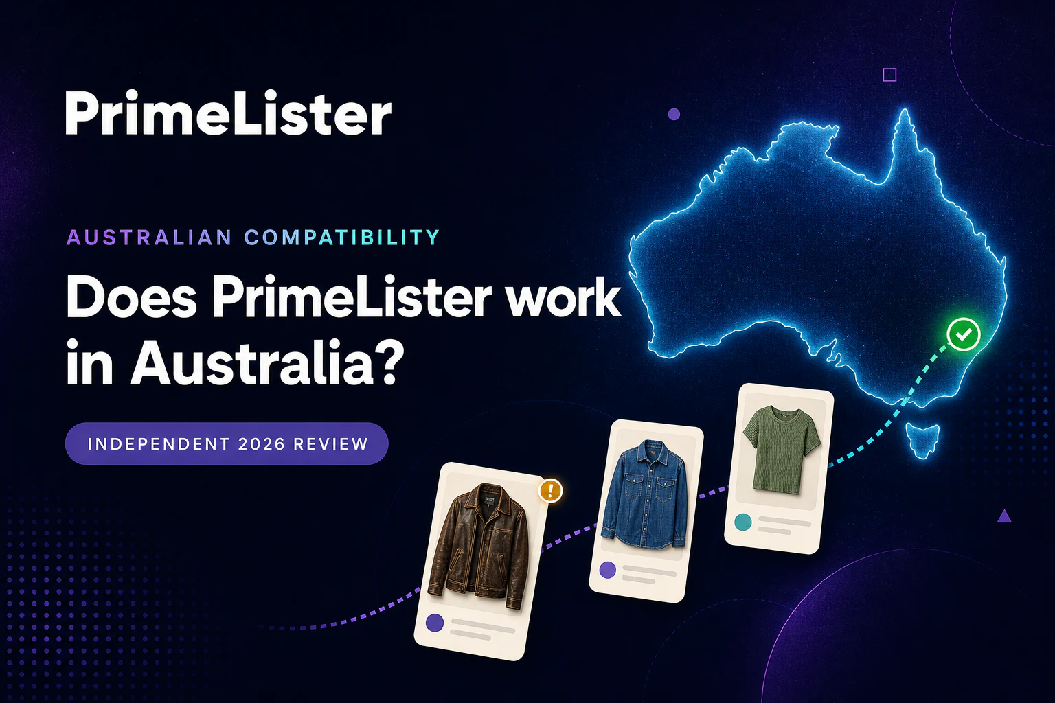 PrimeLister Australia review with an Australia map and clothing listing cards connected to eBay and Depop workflows.