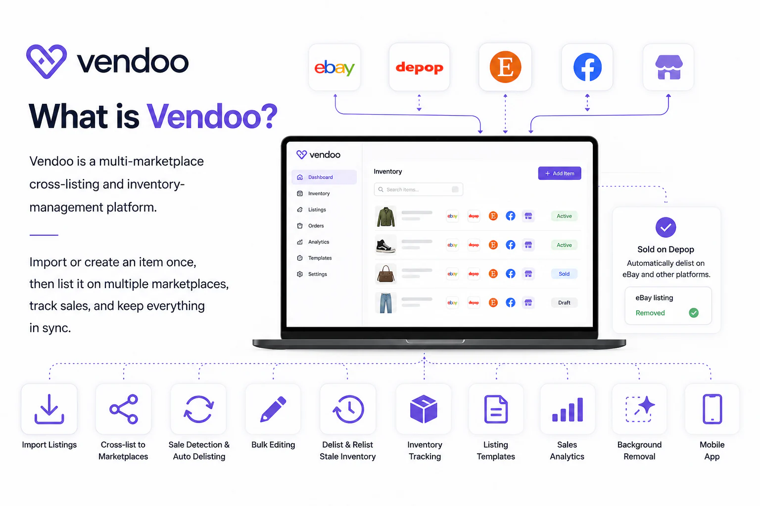 Vendoo cross-listing and inventory-management features for online resellers.