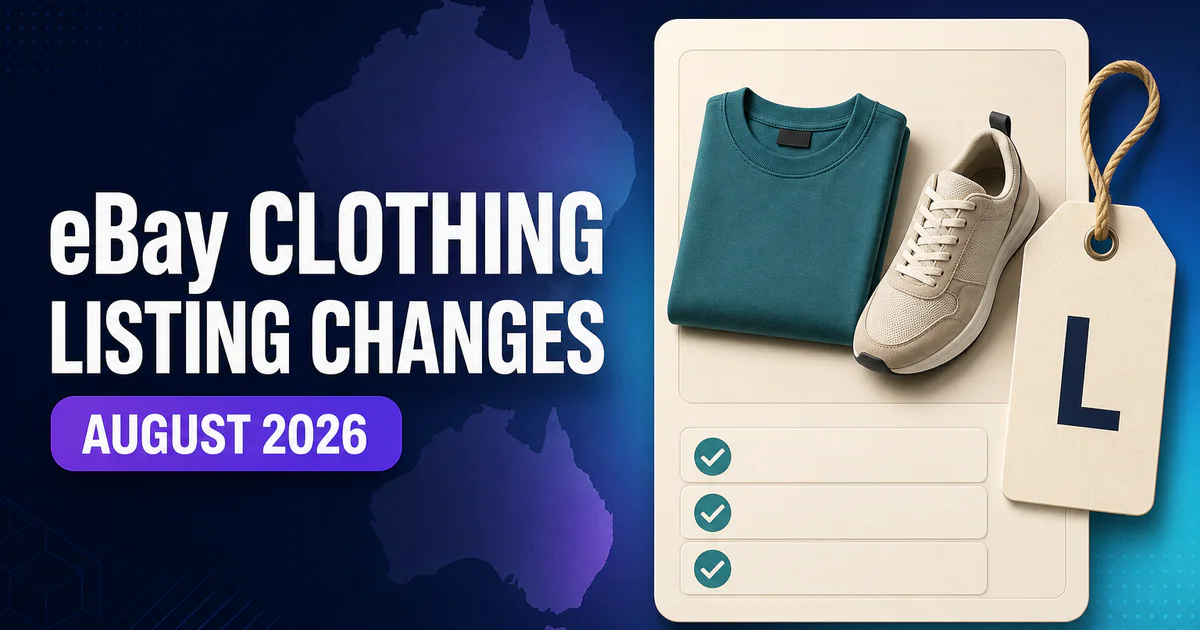 eBay clothing listing requirements for September 2026, illustrated with a shirt, shoe, size tag and completed checklist.