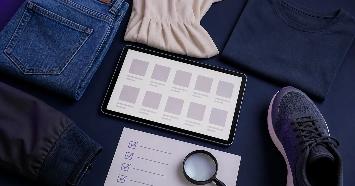 Clothing, a shoe, a tablet and a checklist arranged for an eBay listing quality audit.