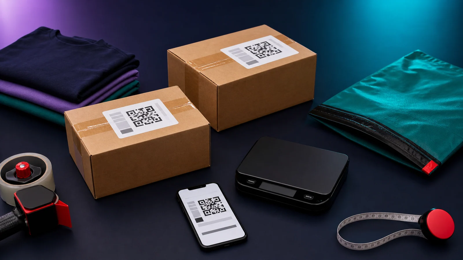 Australian eBay seller checking a postage label beside a packed clothing parcel, tape measure and digital scale.
