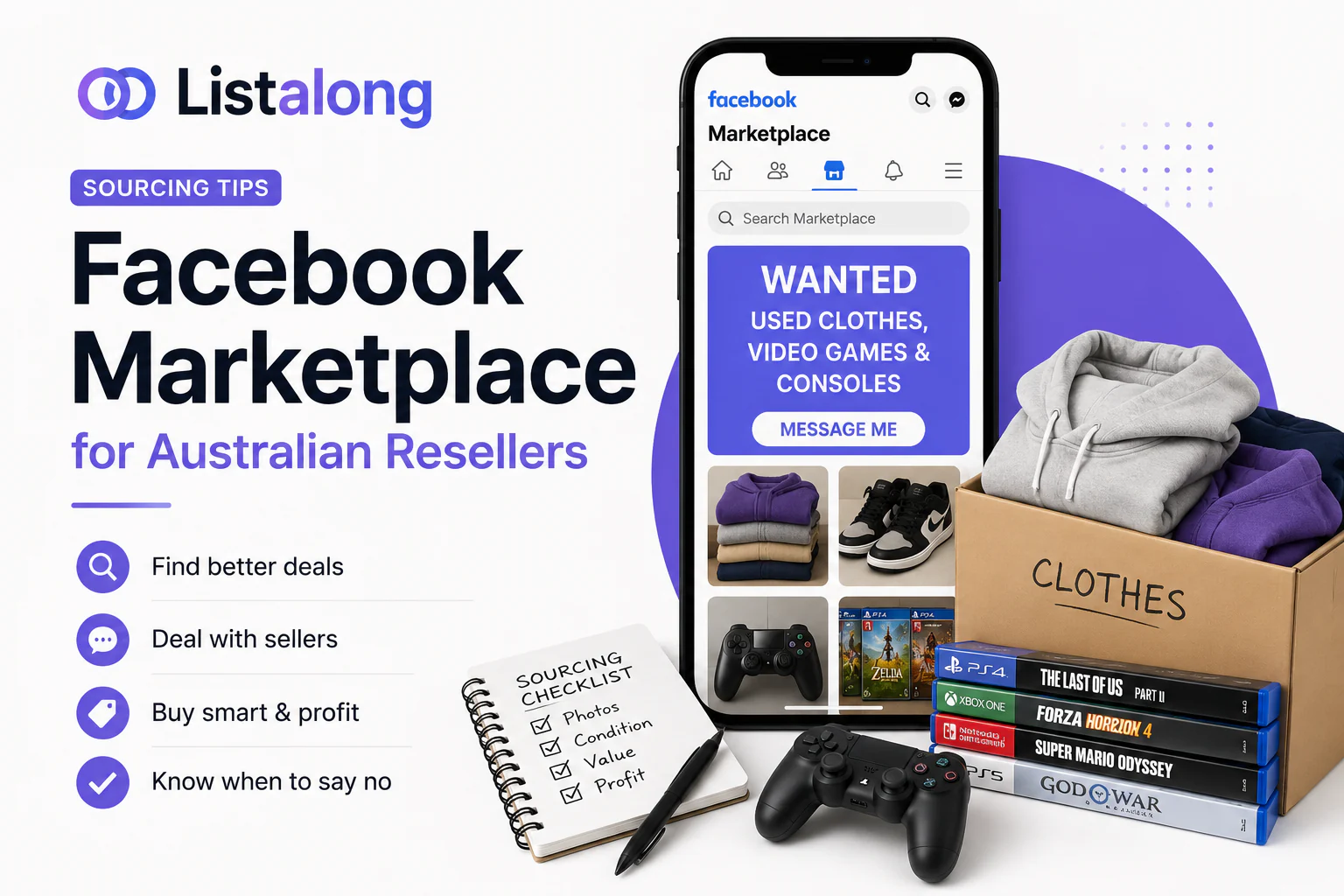 Facebook Marketplace for Australian resellers showing clothing, games and sourcing checklist.