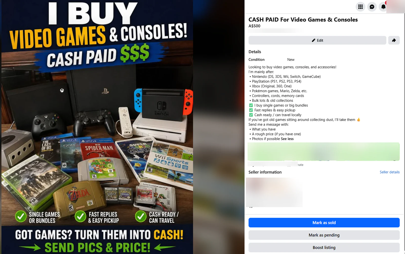 Example Facebook Marketplace wanted ad for video games and consoles.