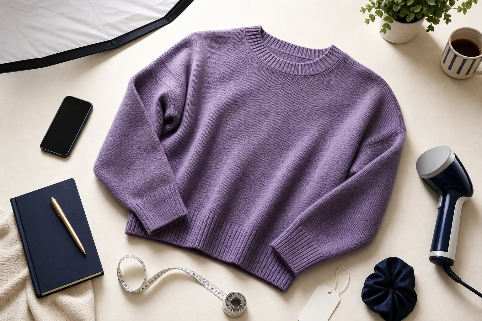 A freshly steamed violet jumper in a home resale photography setup with a phone, tape measure and blank price tag.