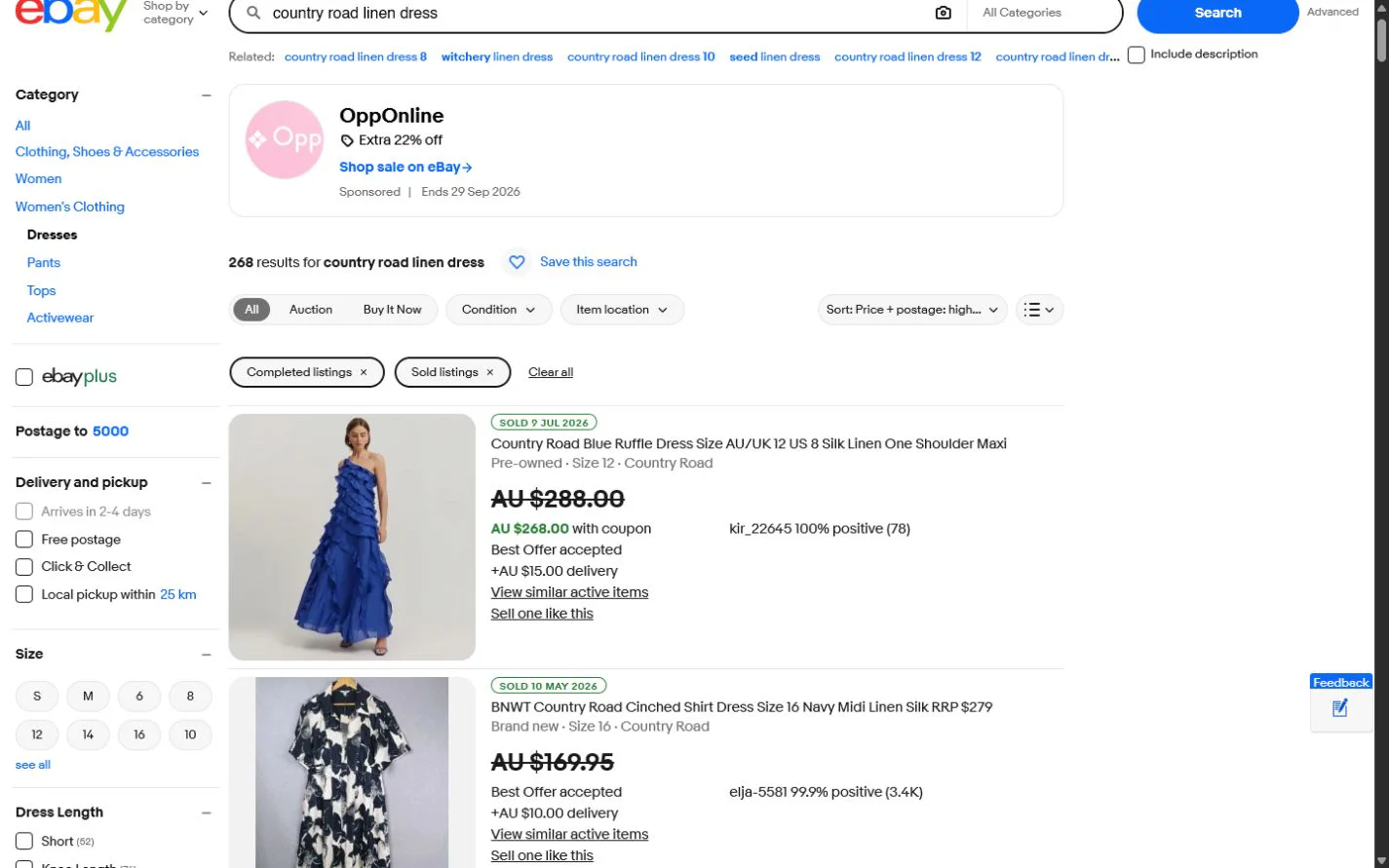 eBay Australia sold listings for a Country Road linen dress, with Completed listings and Sold listings selected and results sorted by price plus postage from highest to lowest.