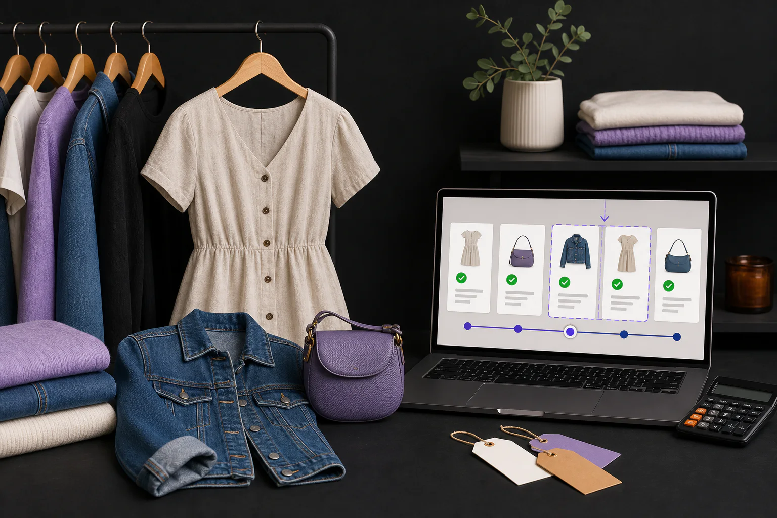 Second-hand clothes beside a laptop showing completed-sale comparisons used to choose a realistic resale price.